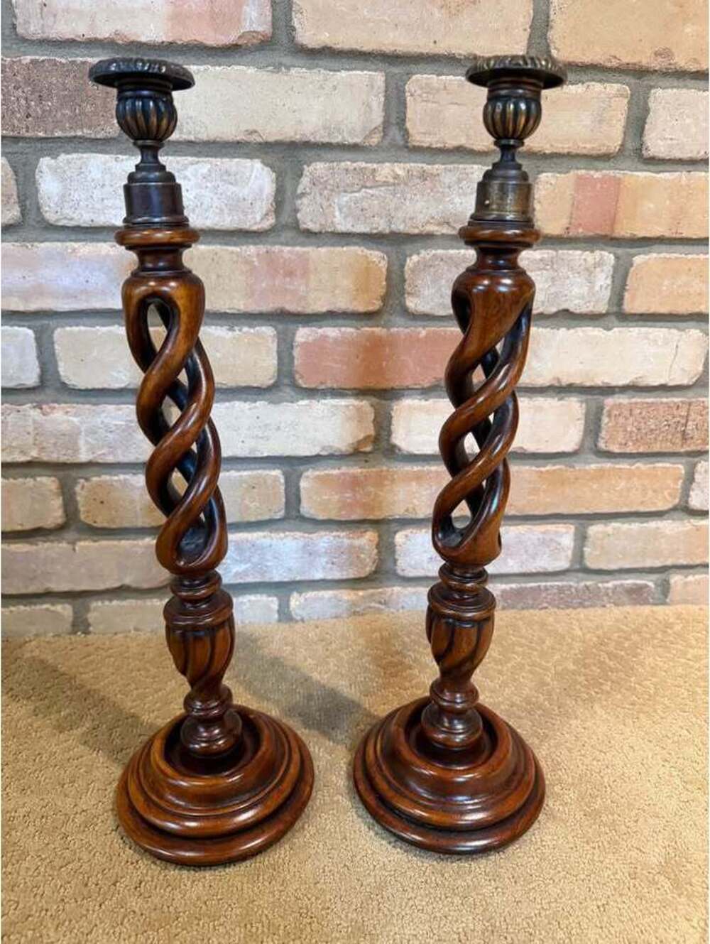 Pair of Vintage Wooden Spiral Twist Candlesticks